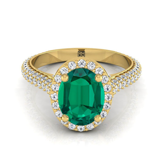 18K Yellow Gold Oval Emerald Micro-Pavé Halo With Pave Side Diamond Engagement Ring -7/8ctw