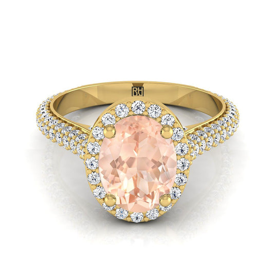 14K Yellow Gold Oval Morganite Micro-Pavé Halo With Pave Side Diamond Engagement Ring -7/8ctw