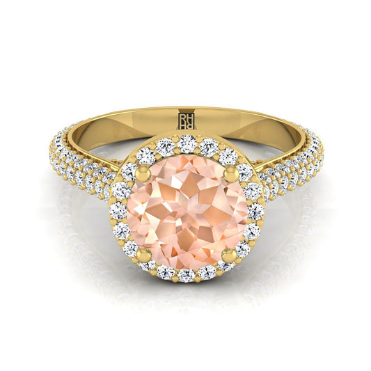 14K Yellow Gold Round Brilliant Morganite Micro-Pavé Halo With Pave Side Diamond Engagement Ring -7/8ctw