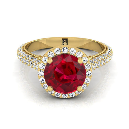 18K Yellow Gold Round Brilliant Ruby Micro-Pavé Halo With Pave Side Diamond Engagement Ring -7/8ctw