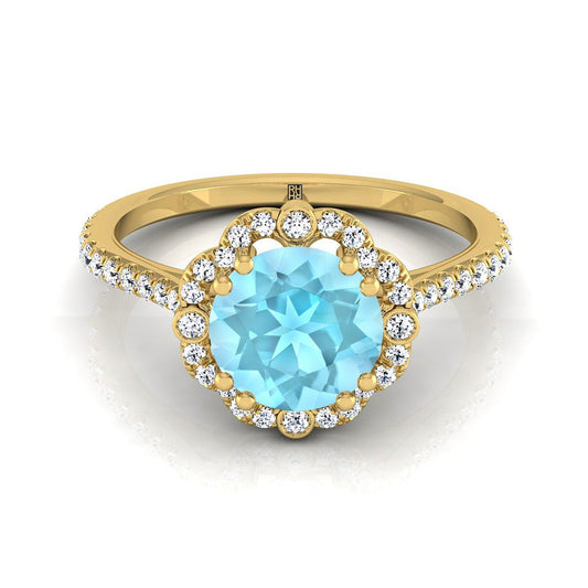 18K Yellow Gold Round Brilliant Aquamarine Ornate Diamond Halo Vintage Inspired Engagement Ring -1/4ctw