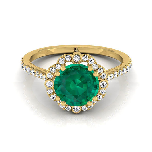 14K Yellow Gold Round Brilliant Emerald Ornate Diamond Halo Vintage Inspired Engagement Ring -1/4ctw
