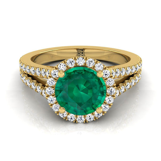 14K Yellow Gold Round Brilliant Emerald Halo Center with French Pave Split Shank Engagement Ring -3/8ctw