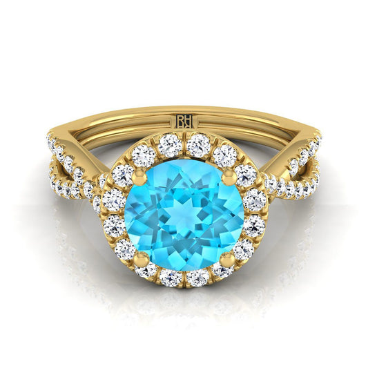 18K Yellow Gold Round Brilliant Swiss Blue Topaz  Twisted Scalloped Pavé Diamonds Halo Engagement Ring -1/2ctw