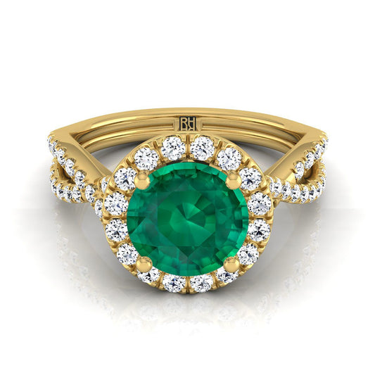 14K Yellow Gold Round Brilliant Emerald  Twisted Scalloped Pavé Diamonds Halo Engagement Ring -1/2ctw