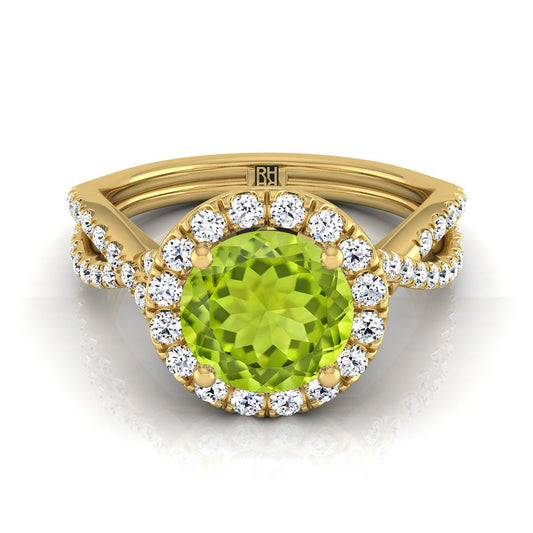 18K Yellow Gold Round Brilliant Peridot Twisted Scalloped Pavé Diamonds Halo Engagement Ring -1/2ctw