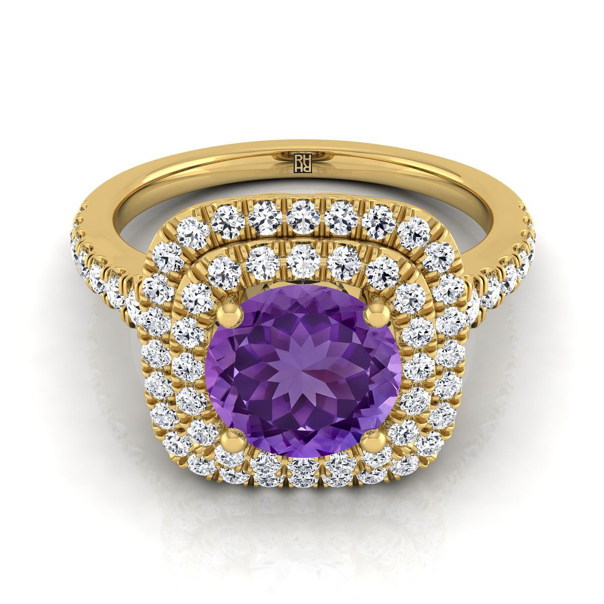 14K Yellow Gold Round Brilliant Amethyst Double Halo with Scalloped Pavé Diamond Engagement Ring -1/2ctw