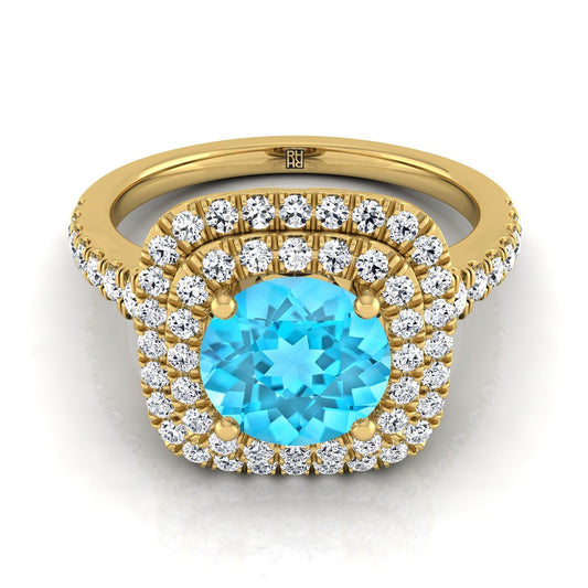 14K Yellow Gold Round Brilliant Swiss Blue Topaz Double Halo with Scalloped Pavé Diamond Engagement Ring -1/2ctw