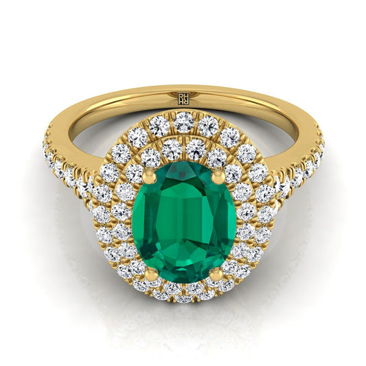 14K Yellow Gold Oval Emerald Double Halo with Scalloped Pavé Diamond Engagement Ring -1/2ctw