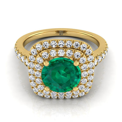 14K Yellow Gold Round Brilliant Emerald Double Halo with Scalloped Pavé Diamond Engagement Ring -1/2ctw