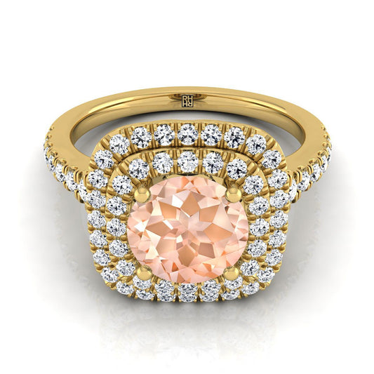 14K Yellow Gold Round Brilliant Morganite Double Halo with Scalloped Pavé Diamond Engagement Ring -1/2ctw