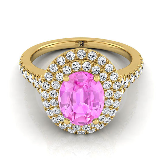 14K Yellow Gold Oval Pink Sapphire Double Halo with Scalloped Pavé Diamond Engagement Ring -1/2ctw