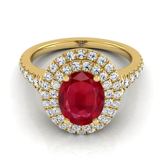 18K Yellow Gold Oval Ruby Double Halo with Scalloped Pavé Diamond Engagement Ring -1/2ctw