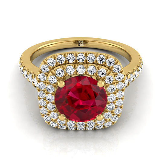 18K Yellow Gold Round Brilliant Ruby Double Halo with Scalloped Pavé Diamond Engagement Ring -1/2ctw