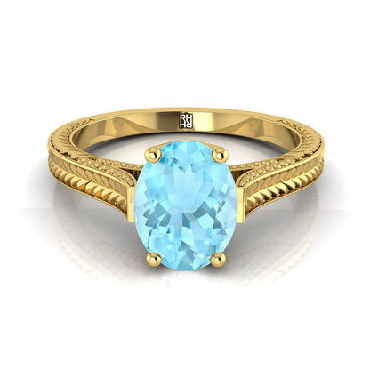 14K Yellow Gold Oval Aquamarine Hand Engraved Vintage Cathedral Style Solitaire Engagement Ring