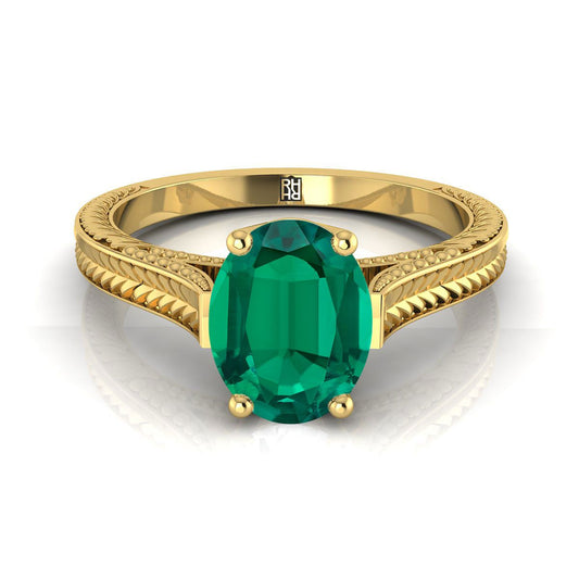 18K Yellow Gold Oval Emerald Hand Engraved Vintage Cathedral Style Solitaire Engagement Ring