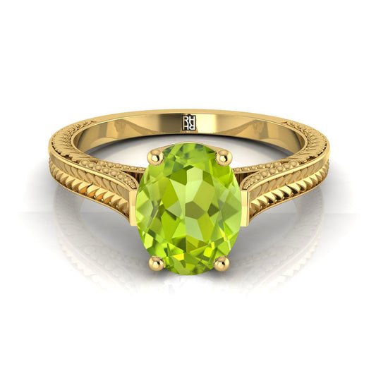 14K Yellow Gold Oval Peridot Hand Engraved Vintage Cathedral Style Solitaire Engagement Ring