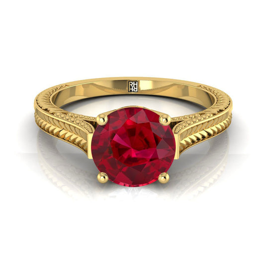 18K Yellow Gold Round Brilliant Ruby Hand Engraved Vintage Cathedral Style Solitaire Engagement Ring