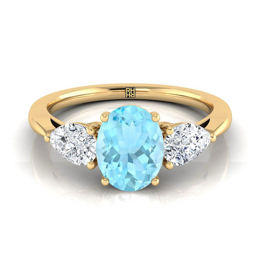 18K Yellow Gold Oval Aquamarine Perfectly Matched Pear Shaped Three Diamond Engagement Ring -7/8ctw