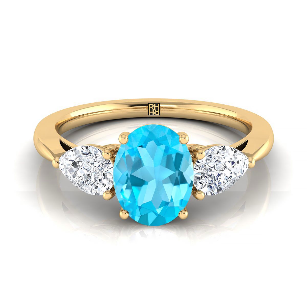 18K Yellow Gold Oval Swiss Blue Topaz Perfectly Matched Pear Shaped Three Diamond Engagement Ring -7/8ctw