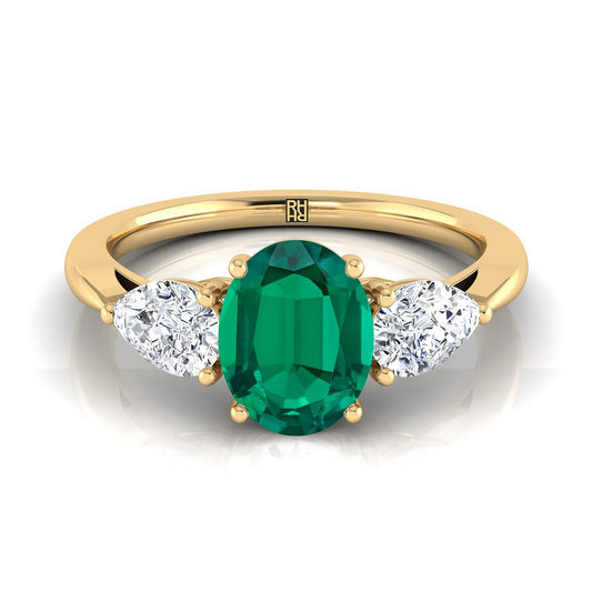14K Yellow Gold Oval Emerald Perfectly Matched Pear Shaped Three Diamond Engagement Ring -7/8ctw