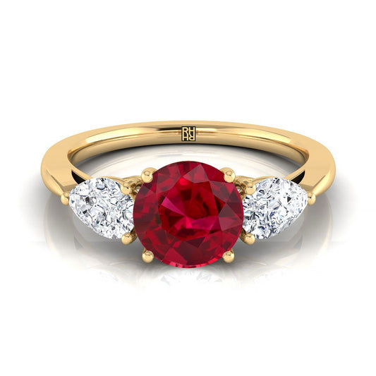 18K Yellow Gold Round Brilliant Ruby Perfectly Matched Pear Shaped Three Diamond Engagement Ring -7/8ctw