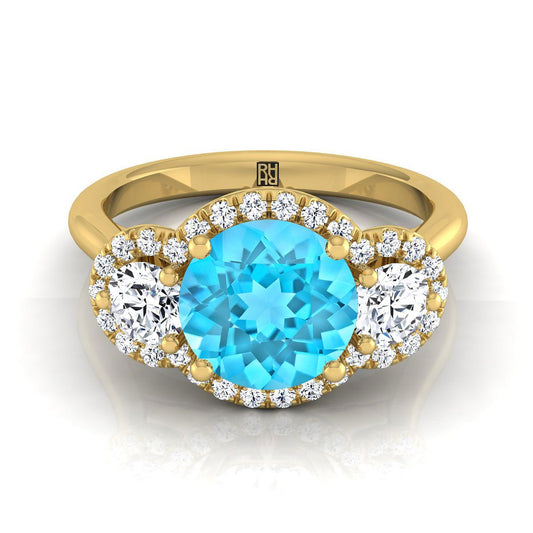 18K Yellow Gold Round Brilliant Swiss Blue Topaz French Pave Diamond Three Stone Engagement Ring -1/2ctw