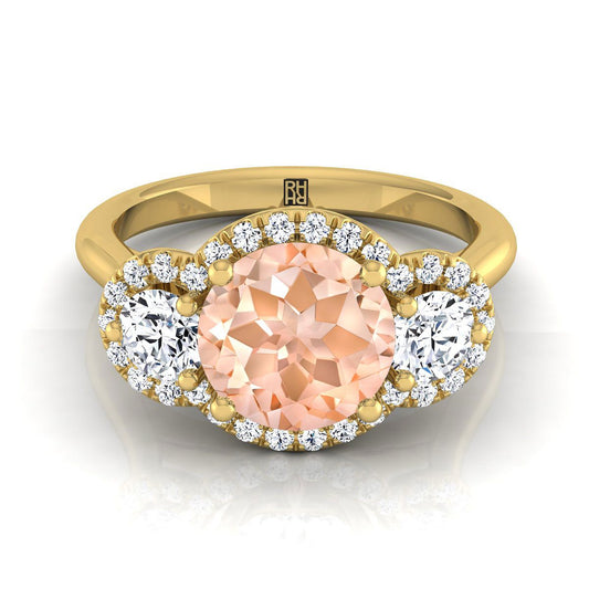 14K Yellow Gold Round Brilliant Morganite French Pave Diamond Three Stone Engagement Ring -1/2ctw