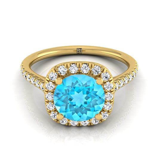 14K Yellow Gold Round Brilliant Swiss Blue Topaz Simple Prong Set Halo Engagement Ring -1/3ctw