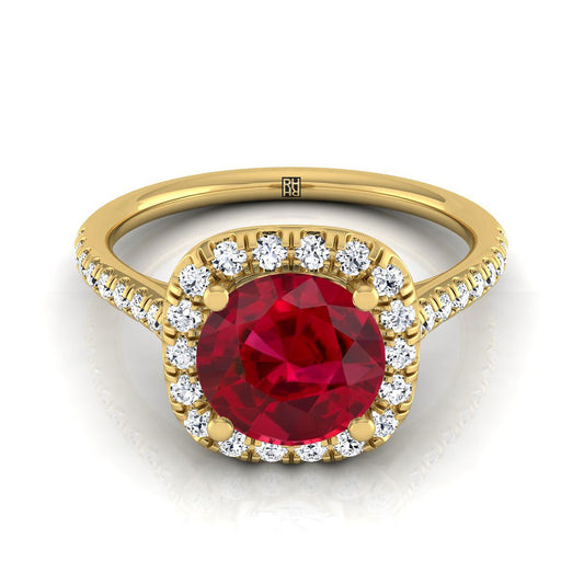 18K Yellow Gold Round Brilliant Ruby Simple Prong Set Halo Engagement Ring -1/3ctw