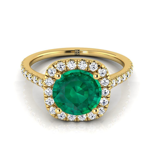 14K Yellow Gold Round Brilliant Emerald Halo Diamond Pave Engagement Ring -1/3ctw