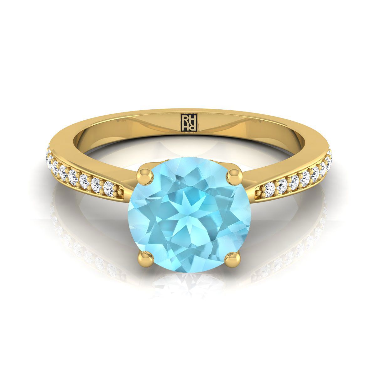 18K Yellow Gold Round Brilliant Aquamarine Tapered Pave Diamond Engagement Ring -1/8ctw