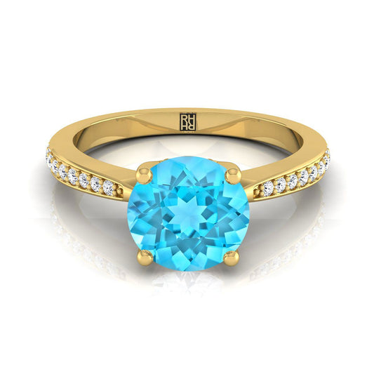 14K Yellow Gold Round Brilliant Swiss Blue Topaz Tapered Pave Diamond Engagement Ring -1/8ctw