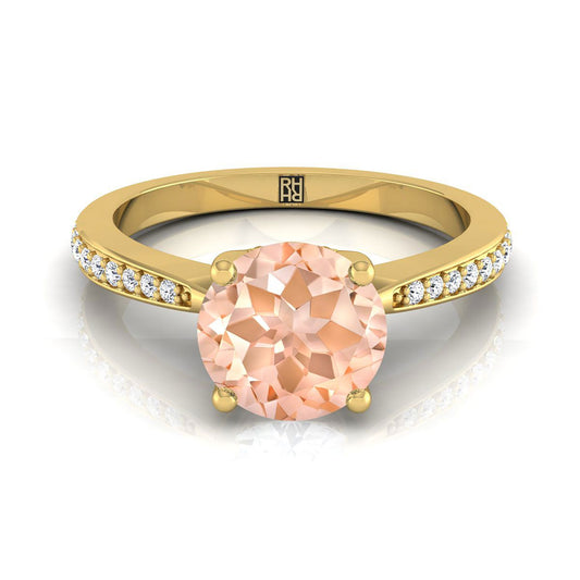 14K Yellow Gold Round Brilliant Morganite Tapered Pave Diamond Engagement Ring -1/8ctw