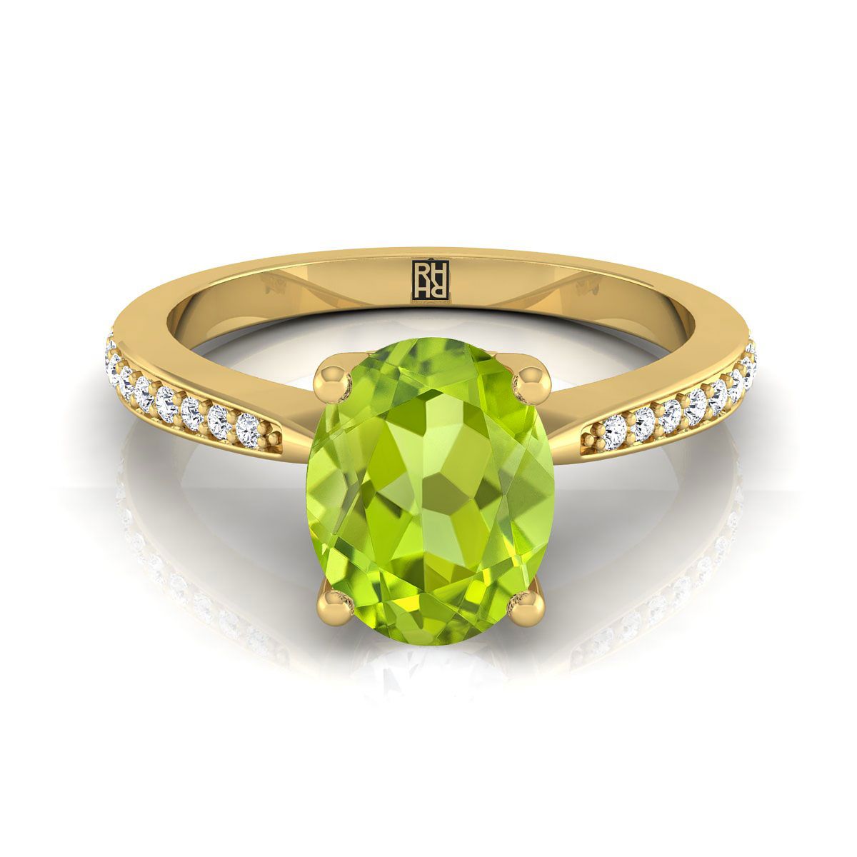 18K Yellow Gold Oval Peridot Tapered Pave Diamond Engagement Ring -1/8ctw