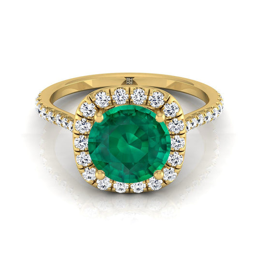 14K Yellow Gold Round Brilliant Emerald Shared Prong Diamond Halo Engagement Ring -3/8ctw