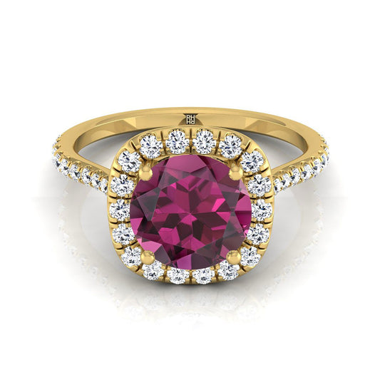 18K Yellow Gold Round Brilliant Garnet Shared Prong Diamond Halo Engagement Ring -3/8ctw