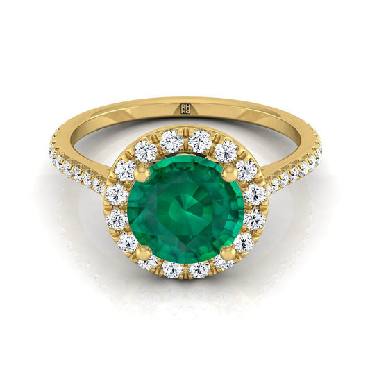 14K Yellow Gold Emerald Emerald Halo Diamond Pave Engagement Ring -3/8ctw