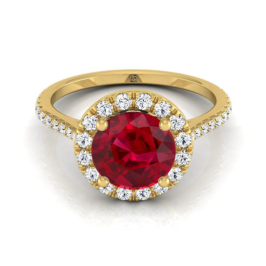 18K Yellow Gold Ruby Ruby Halo Diamond Pave Engagement Ring -3/8ctw