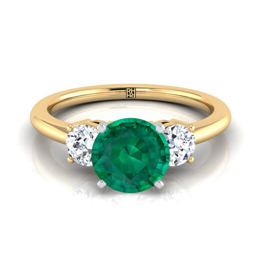 18K Yellow Gold Round Brilliant Emerald Perfectly Matched Round Three Stone Diamond Engagement Ring -1/4ctw