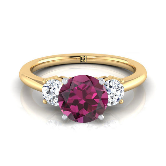 18K Yellow Gold Round Brilliant Garnet Perfectly Matched Round Three Stone Diamond Engagement Ring -1/4ctw