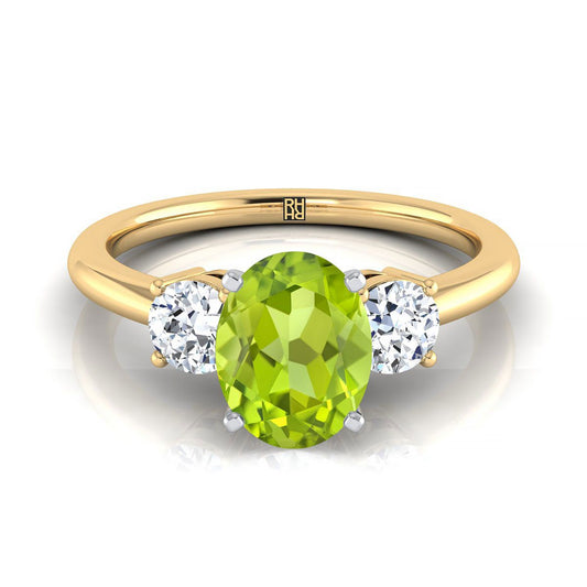 18K Yellow Gold Oval Peridot Perfectly Matched Round Three Stone Diamond Engagement Ring -1/4ctw
