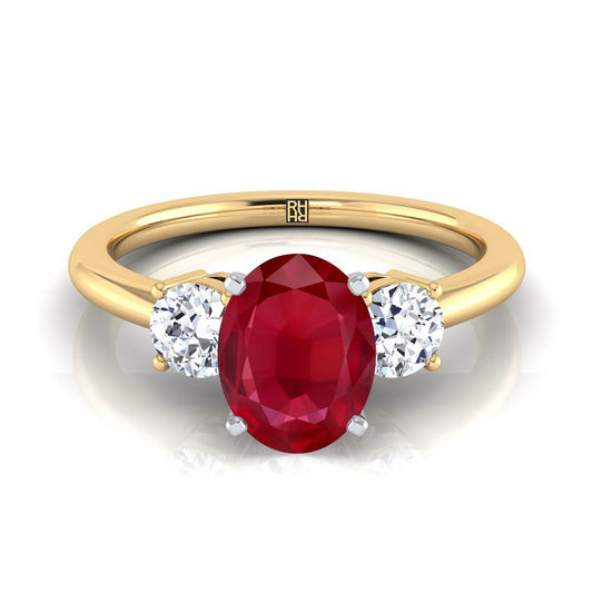 14K Yellow Gold Oval Ruby Perfectly Matched Round Three Stone Diamond Engagement Ring -1/4ctw