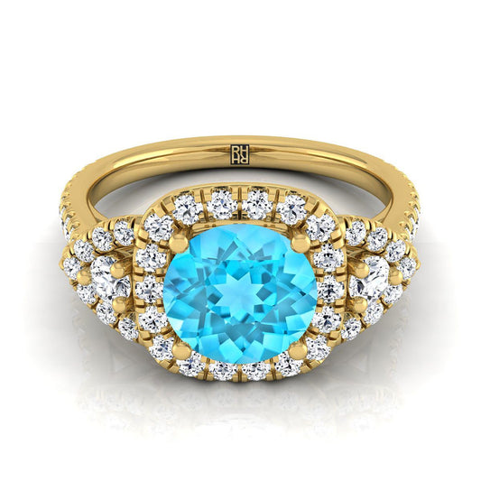 14K Yellow Gold Round Brilliant Swiss Blue Topaz Delicate Three Stone Halo Pave Diamond Engagement Ring -5/8ctw