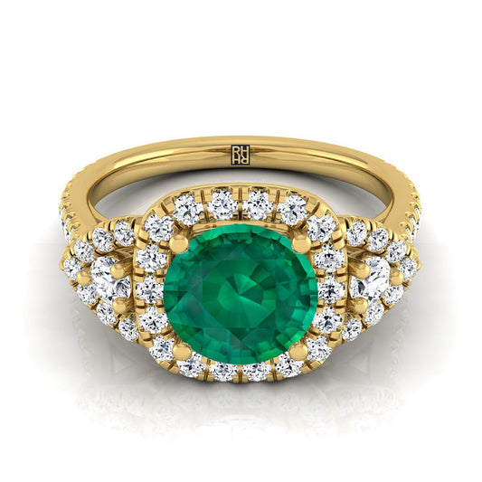 14K Yellow Gold Round Brilliant Emerald Delicate Three Stone Halo Pave Diamond Engagement Ring -5/8ctw