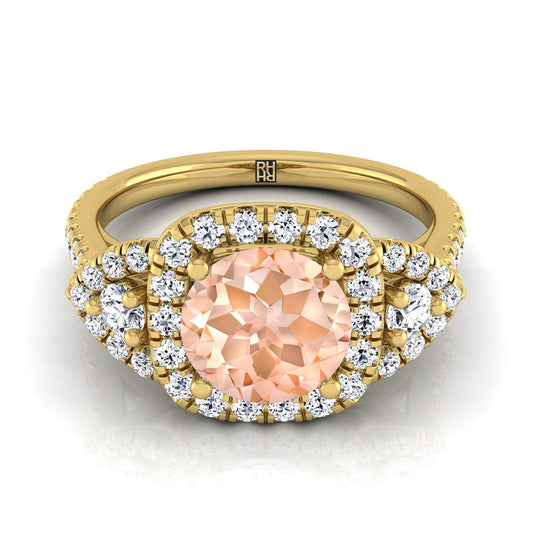 14K Yellow Gold Round Brilliant Morganite Delicate Three Stone Halo Pave Diamond Engagement Ring -5/8ctw