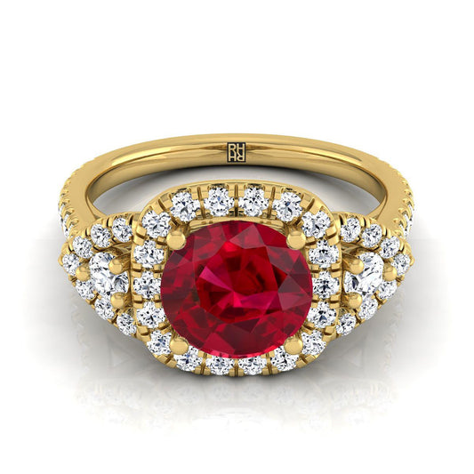 18K Yellow Gold Round Brilliant Ruby Delicate Three Stone Halo Pave Diamond Engagement Ring -5/8ctw