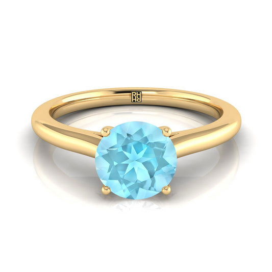 14K Yellow Gold Round Brilliant Aquamarine Pinched Comfort Fit Claw Prong Solitaire Engagement Ring
