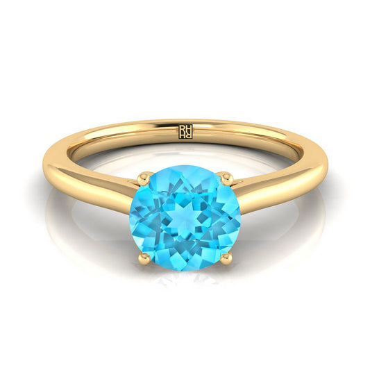 14K Yellow Gold Round Brilliant Swiss Blue Topaz Pinched Comfort Fit Claw Prong Solitaire Engagement Ring