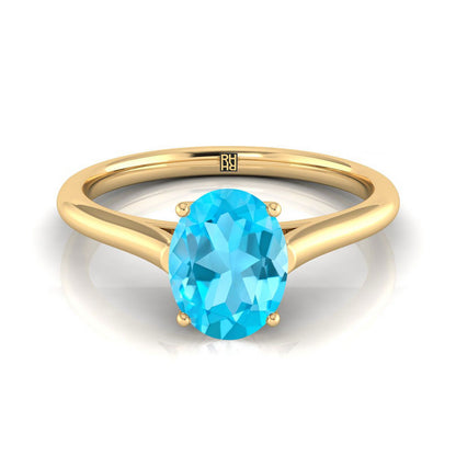 18K Yellow Gold Oval Swiss Blue Topaz Cathedral Style Comfort Fit Solitaire Engagement Ring